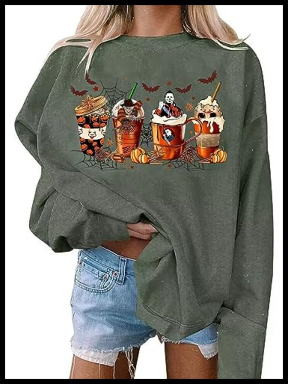 Halloween Graphic Sweatshirt Women Horror Movie Pumpkin Coffee Crewneck Long